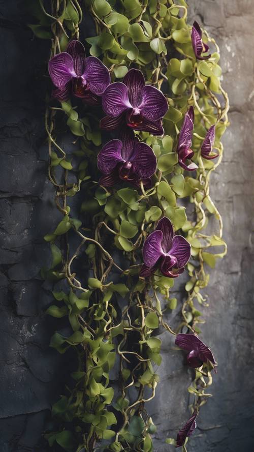 Tangled vines overgrown on an old wall covered with exotic black orchids.