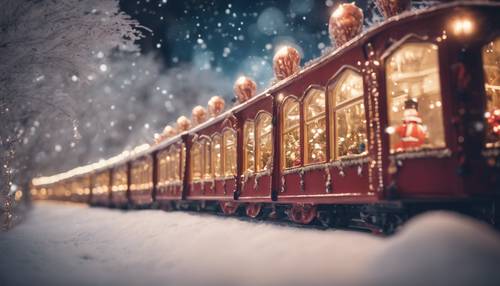 A magical Christmas train riding through a twinkling winter wonderland.