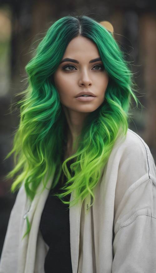 A woman with green ombre hair that transitions from black at the roots to bright lime green at the ends. Шпалери [37dd0e37a1034b4ab9d0]