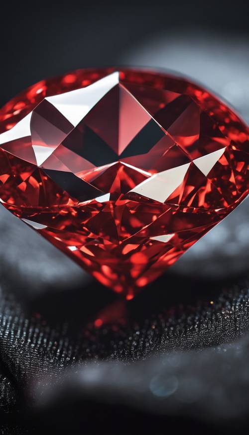 Изысканный красный бриллиант на черной бархатной подушке.