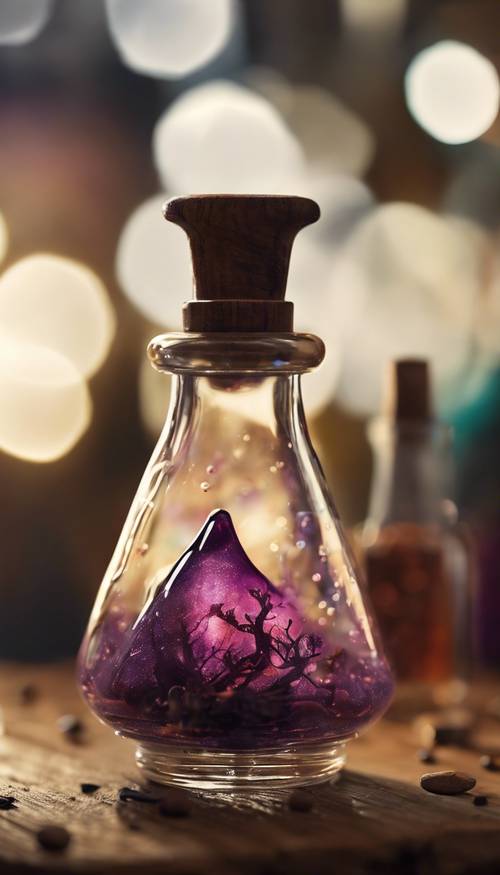 Une bouteille de potion pleine d&#39;un mystérieux liquide brillant sur une table en bois encombrée d&#39;ingrédients magiques.
