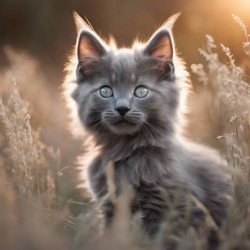 一隻煙灰色的尼伯龍小貓，在溫暖夕陽的柔和光芒下舒適地依偎在一片野草中。