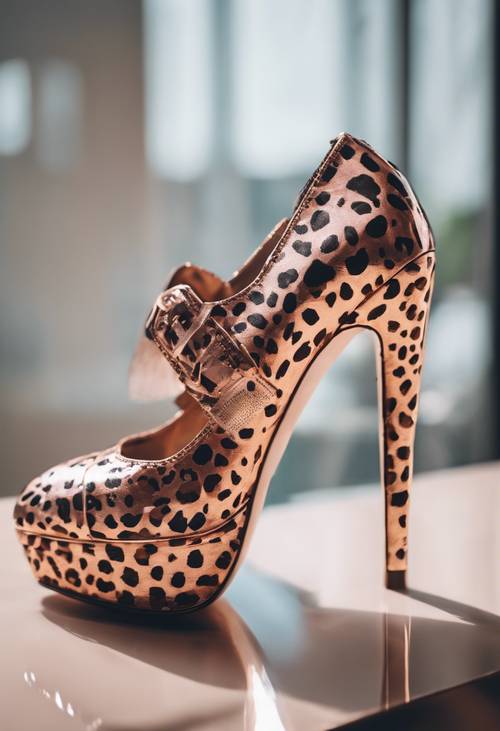 Imagen elegante de zapatos con manchas de leopardo en color oro rosa sobre una elegante mesa de cristal.