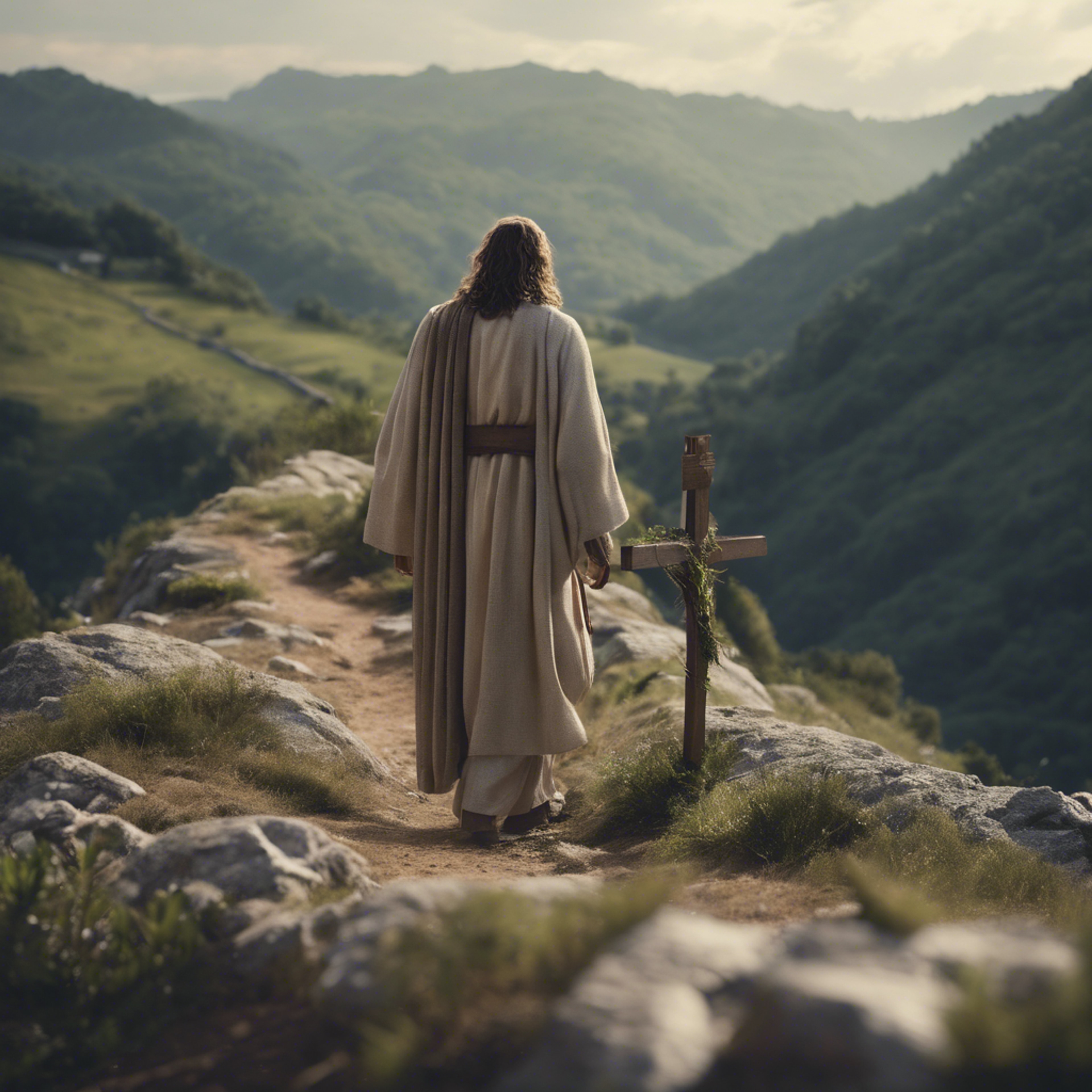A somber yet inspiring scene of Jesus carrying the cross along a winding mountain path. Ფონი[cec6dd957e1b48d0bb97]