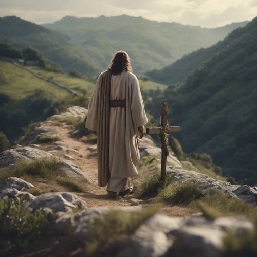 A somber yet inspiring scene of Jesus carrying the cross along a winding mountain path.