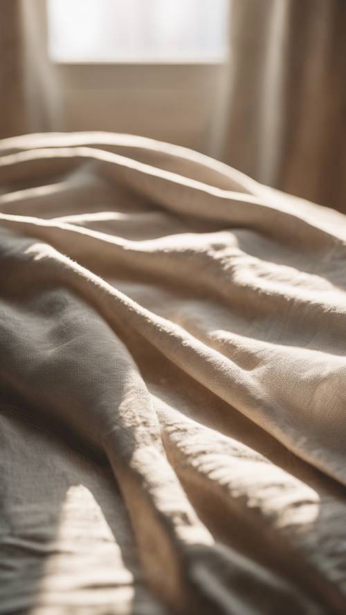La luce del sole filtra attraverso il tessuto di lino ventilato in una stanza serena e minimalista.