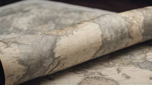 A detailed gray world map on a vintage scroll.