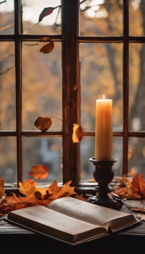 Meja kayu antik dengan lilin menyala dan buku terbuka, ditempatkan di sebelah jendela besar yang menampilkan dedaunan musim gugur yang berguguran di luar.