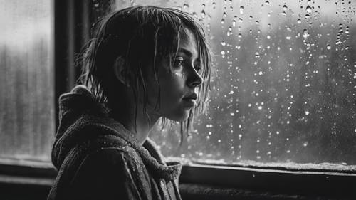 A black and white shot of an emo girl gazing upon a bleak landscape through a rain-spattered window.