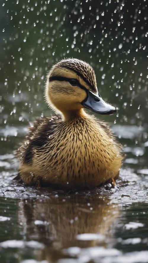 Uma valente mãe pata protegendo sua ninhada sob suas asas durante uma suave chuva de verão.