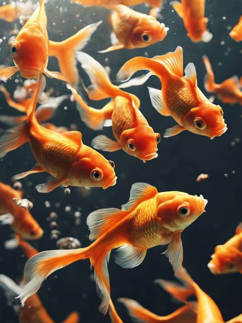 A group of goldfish gathered together feeding on floating fish food in a pond.