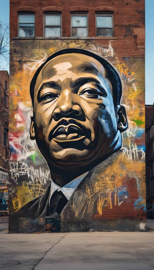 Martin Luther King&#39;in kentsel bir şehir manzarasında yer aldığı, sivil haklar hareketini yansıtan dokunaklı bir grafiti duvar resmi.