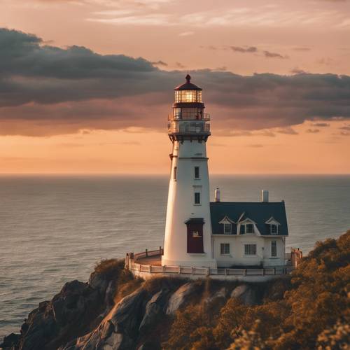 A beautiful lighthouse perched on a cliff overlooking the vast ocean, basking in the warm summer sunset glow.