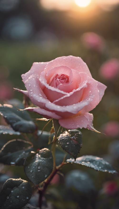 Крупный план розовой розы, поцелованной росой, на рассвете. Обои [56113c487a2a41f38ee8]