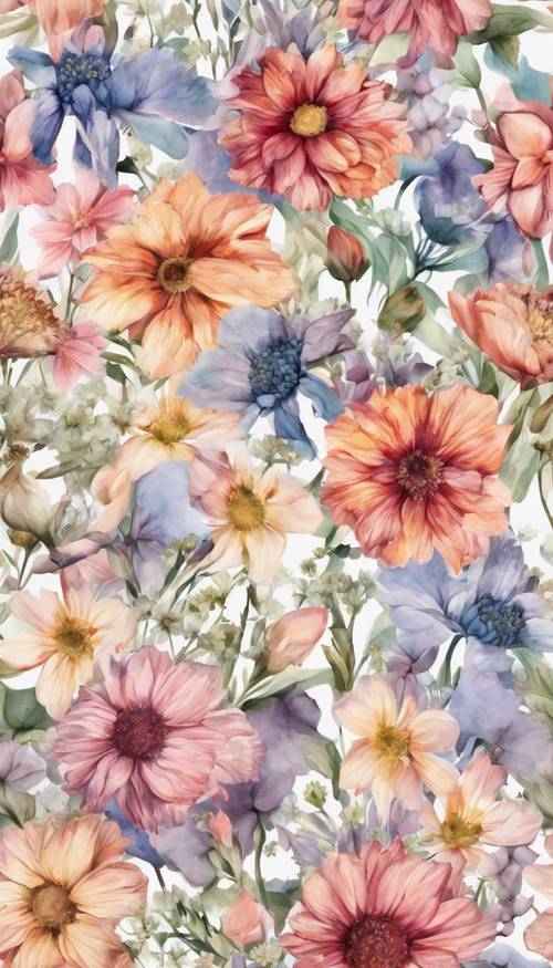 A seamless pattern featuring a variety of blooming flowers in watercolored style Taustakuva [19655bf3fae14827ad7d]