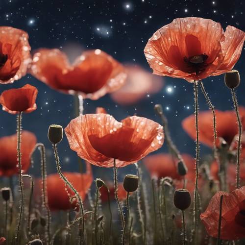 Poppies gently swaying underneath a star-studded night sky.