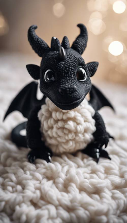 Um bebê dragão preto brincalhão sentado em um tapete de lã branco, abanando o rabo.