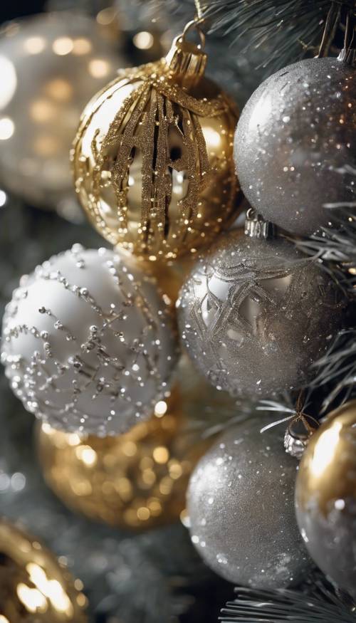 Aesthetic composition of new year decorations and ornaments in gold and silver.