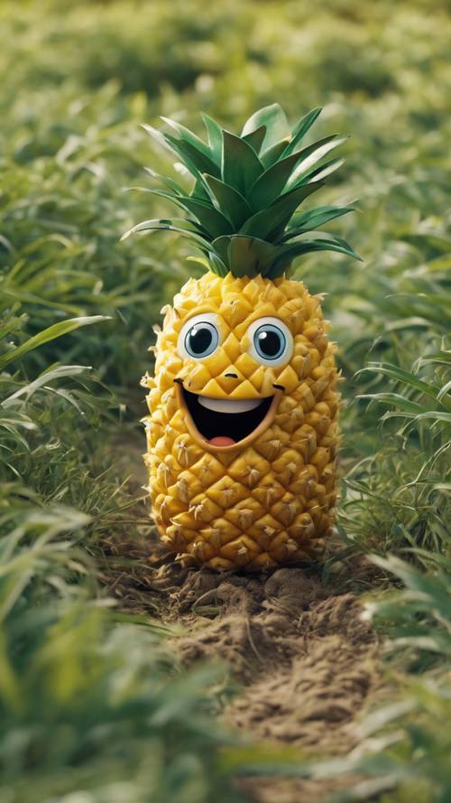 A animated pineapple child happily playing in a field.