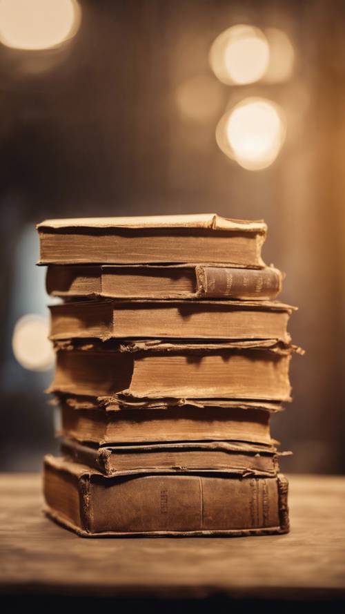 Zbliżenie stosu starych, pożółkłych książek w brązowych okładkach, w delikatnym, ciepłym oświetleniu.