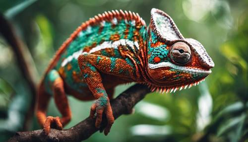 A chameleon with vibrant hues, meticulously moving across a bushy branch in a dense jungle. Ταπετσαρία [26918218fb914630ae14]