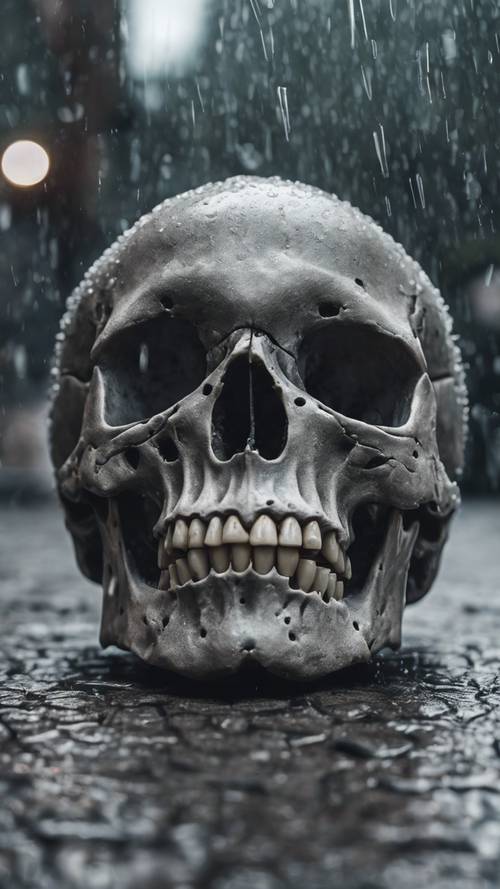 雨水浸湿的人行道上，一颗灰色头骨和空洞眼窝的详细图像。