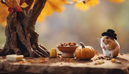 A tiny hamster with a miniature pilgrim hat seated at a miniature Thanksgiving feast under a Fall-themed bonsai tree.