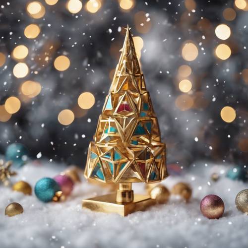Uma árvore de Natal geométrica dourada contra um fundo nevado, com ornamentos geométricos coloridos pendurados.