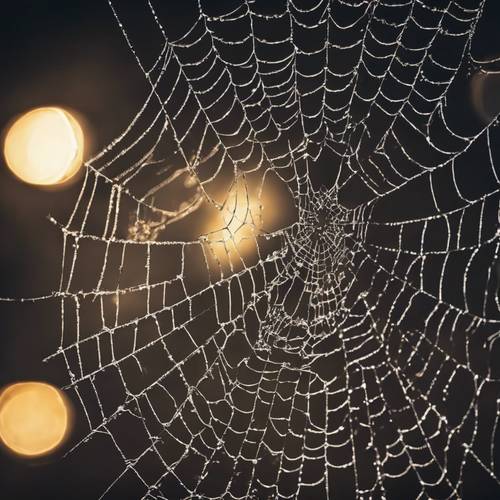 A black spider's intricate web, glistening under the pale moonlight of Halloween night.