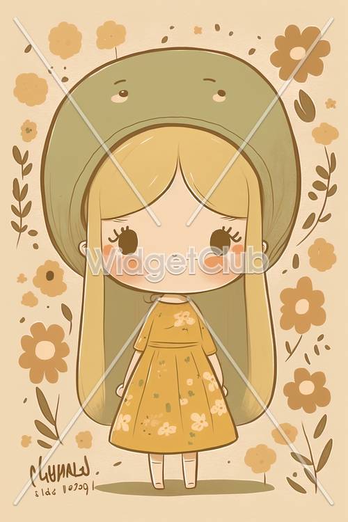 Linda chica con vestido amarillo rodeada de flores