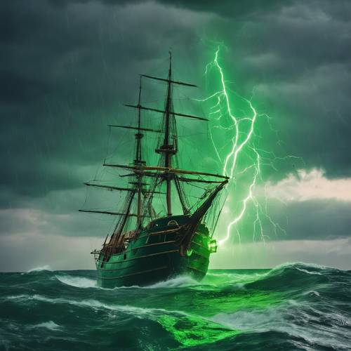 嵐の海で緑色の稲妻に襲われる古い船の壁紙