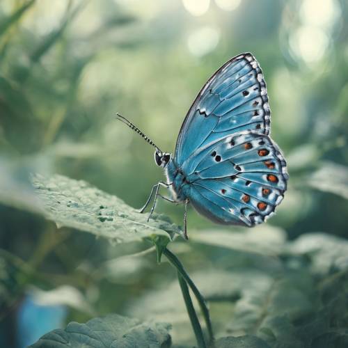 Крупный план любопытной синей бабочки, изящно сидящей на причудливой лесной зелени.
