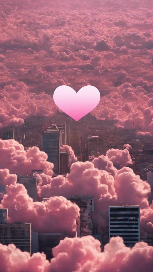 Surreal scene of pink heart-shaped clouds floating above a cityscape.