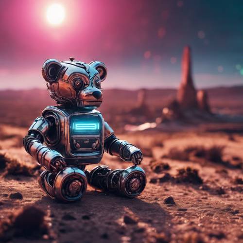 A sci-fi graphic art of a robot teddy bear made of shiny steel and flashing neon lights, in an alien landscape.