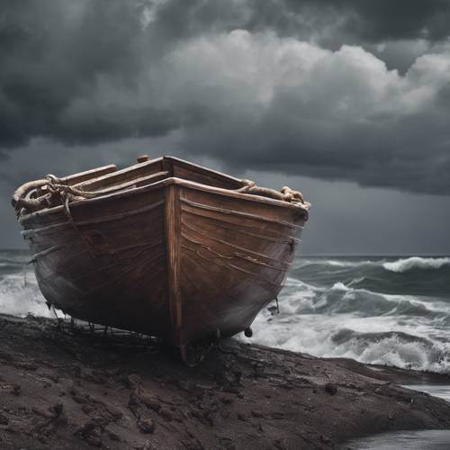 A brown wooden boat weathering a storm in a gray ocean.