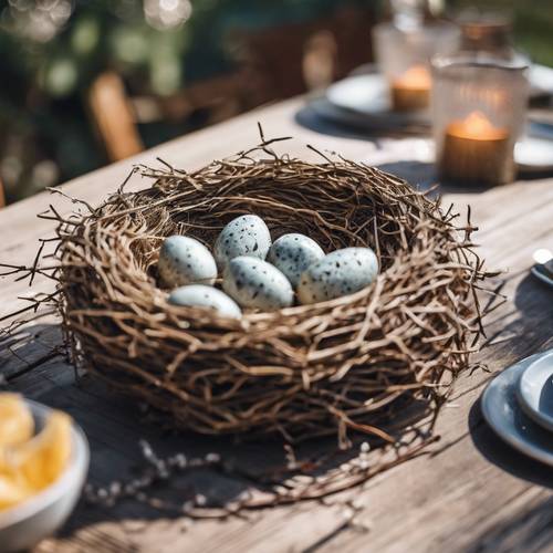 A decorative bird's nest on an outdoor dining table, simple and rustic, encapsulates a warm spring dinner.