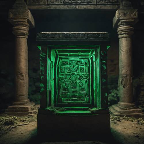 An open ancient tomb with eerie green symbols glowing in the darkness.