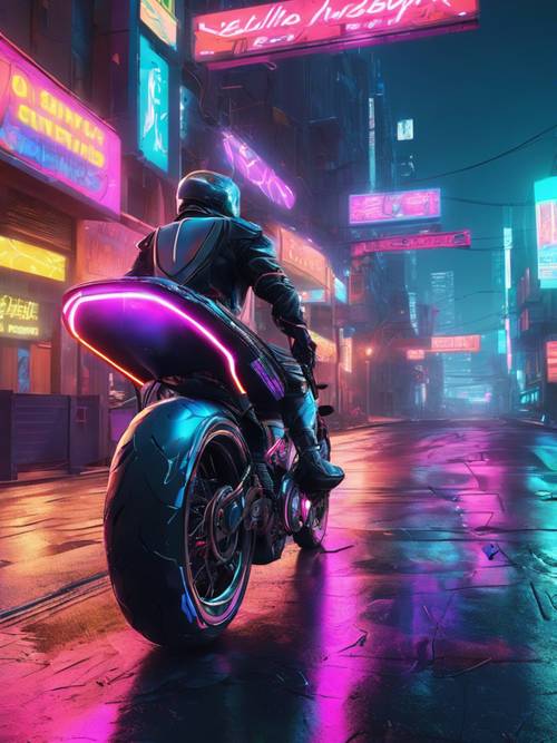 밤에 활기 넘치는 도시 거리를 따라 네온 불빛을 따라가는 고속 미래형 오토바이.