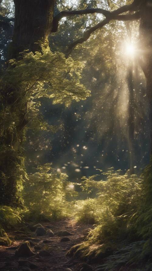 Uma floresta encantada, com a luz do sol filtrando-se pelas árvores enquanto a lua passa de crescente a cheia.