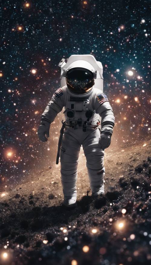 A spaceman floating in the dark expanse of space, surrounded by glimmers of far-off galaxies. Tapeta [12a21611ad1442e59694]