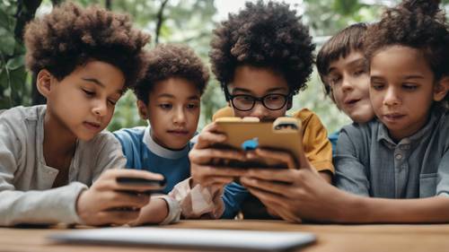 A group of kids holding iPhone 15 Pro Max, studying from an online platform. Шпалери [029c3e4c52744be48366]