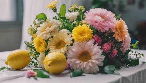 An aesthetic view of a lemon surrounded by a bouquet of colorful flowers.