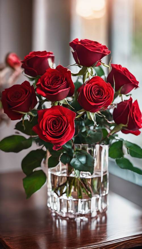 Un ramo de rosas rojas vibrantes en un jarrón de cristal sobre una mesa de caoba pulida.