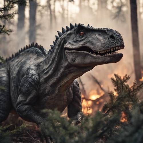 Испуганный серый динозавр прячется в зарослях во время лесного пожара.