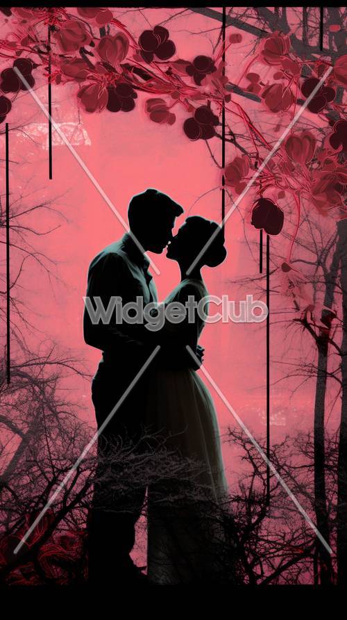 Silueta romántica de pareja besándose en un bosque rosa