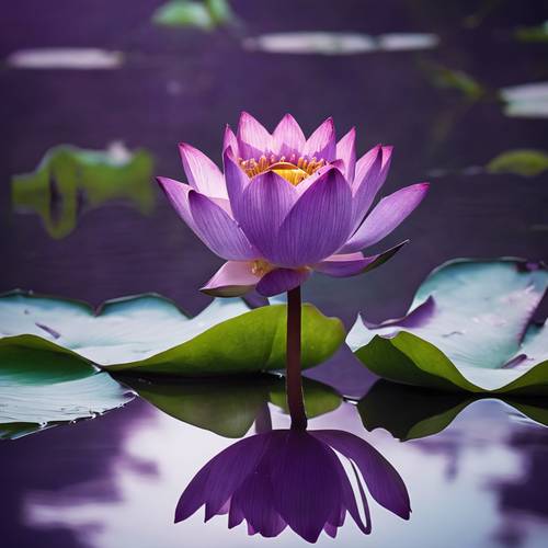 Eine Nahaufnahme einer leuchtend violetten Lotusblume, in der Mitte eines ruhigen, spiegelglatten Teichs.