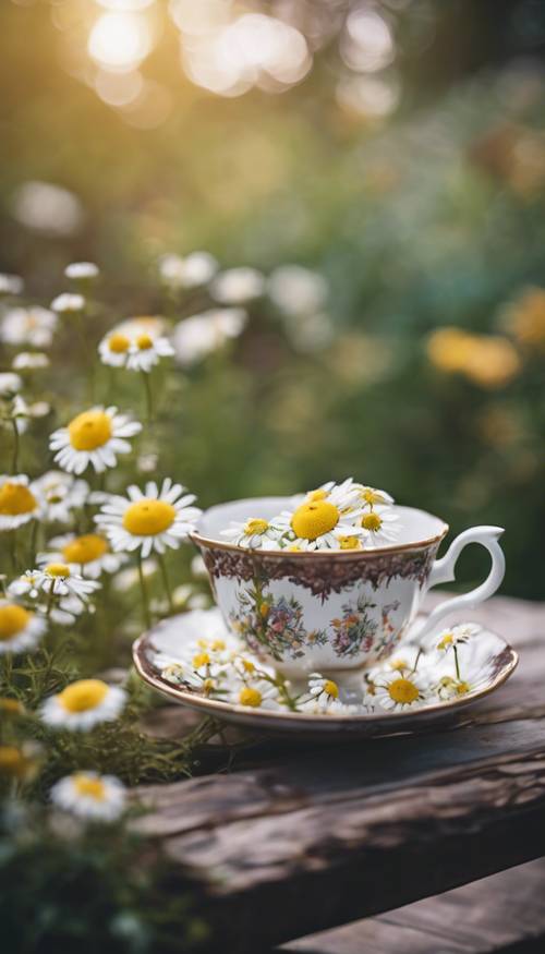 A vintage teacup full of chamomile tea resting on an old wooden table in a vibrant cottage garden.