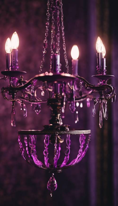 A closeup of a gothic purple chandelier hanging in a dimly lit room. Tapet [65b935f61a124abd8b1e]