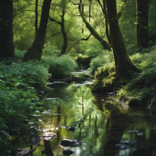 A brook babbling amidst a cool forest, reflecting the verdant trees on its surface.