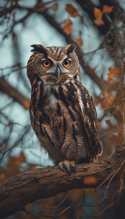 A wide-eyed owl perched on a twisted old tree branch in the fading twilight, observing children collect their Halloween treat.